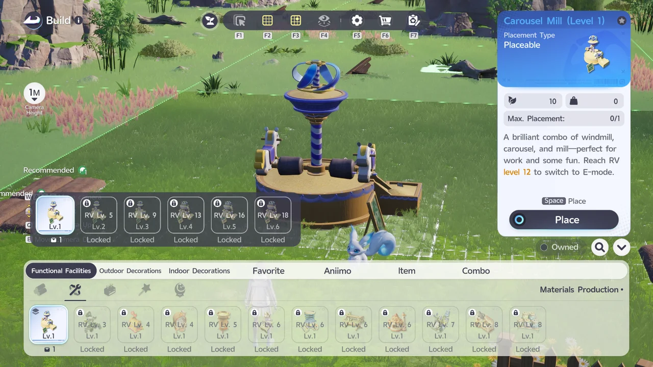 Die Kategorie Materials Production im Build-Menü, in der die Carousel Mill bereits auf Level 1 im Besitz ist