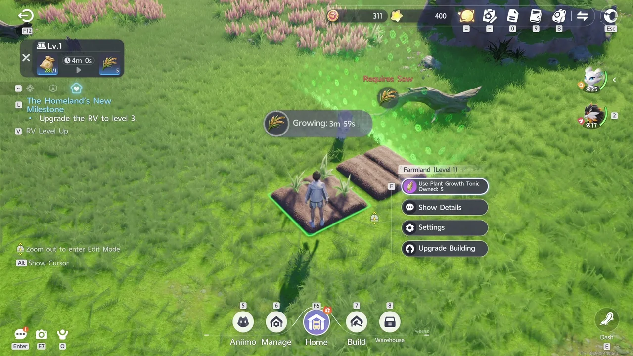 Ein frisch besätes Farmland mit einem Growing-Timer, der noch etwa 4 Minuten anzeigt