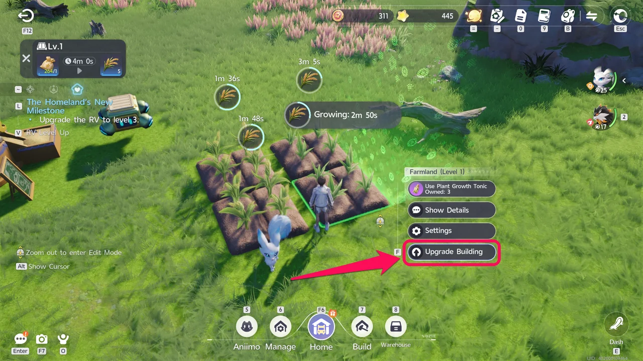Das Menü eines Farmland mit hervorgehobener Option Upgrade Building