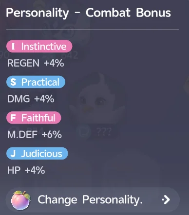 Der Bildschirm „Personality – Combat Bonus“ mit Instinktiv, Praktisch, Treu und Gehorsam und ihren Attributsboni