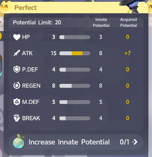 Der Potenzialbildschirm eines Aniimo mit der Bewertung „Perfect“ sowie den Werten für angeborenes und erworbenes Potenzial