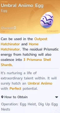 La ficha completa de descripción del objeto Umbral Aniimo Egg, con su potencial Perfecto garantizado y la sección «How to Obtain»
