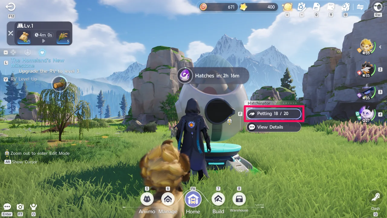 Ein brütendes Ei wird am Schlüpfinator im RV des Spielers gestreichelt, während ein Countdown-Timer die verbleibende Brutzeit anzeigt