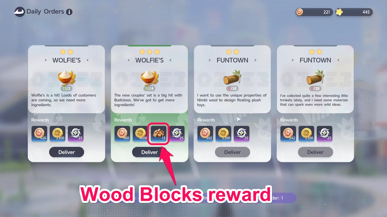 獎勵包含Wood Blocks的Daily Order畫面