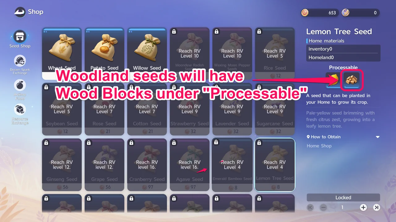在Homeland Shop中，Processable欄位列出Wood Blocks的種子畫面