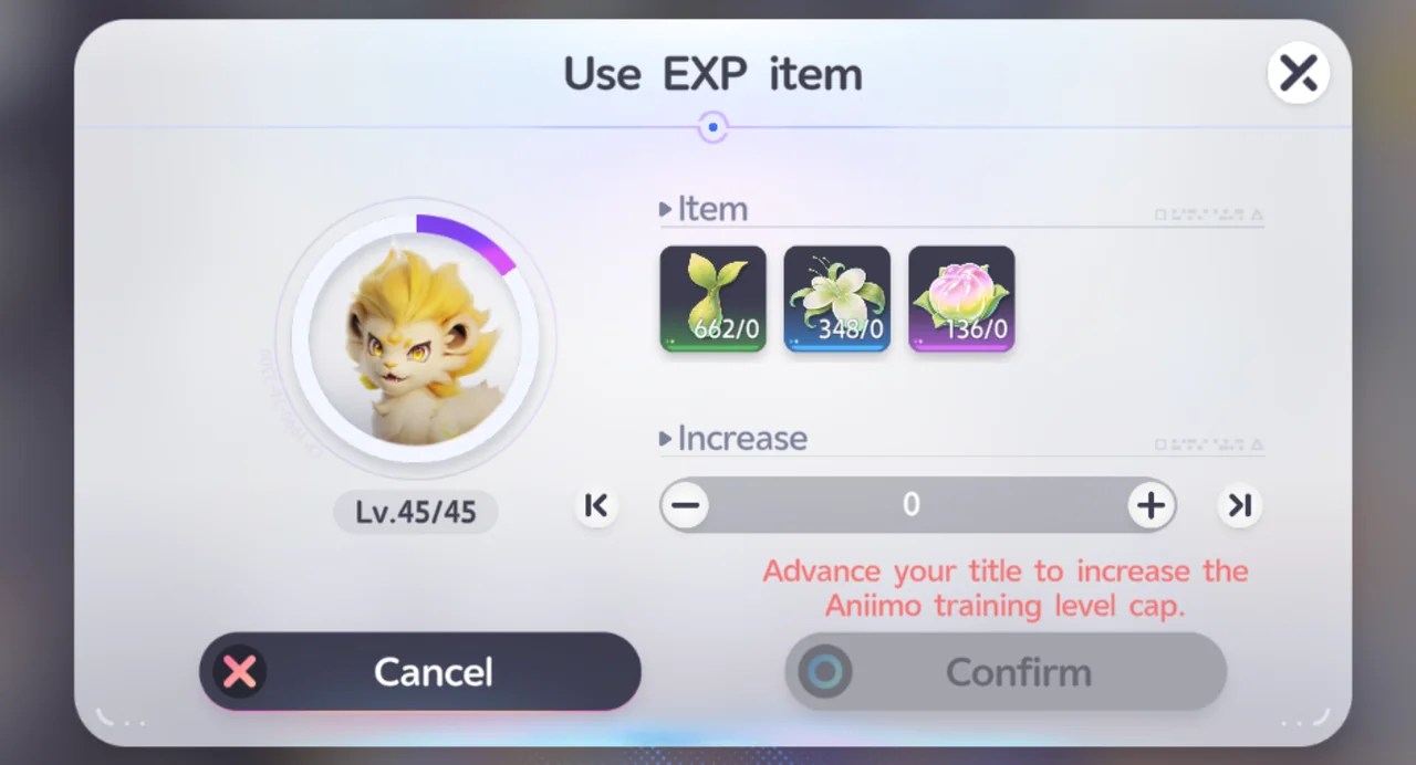 L'écran Use EXP Item d'un Aniimo montrant les objets d'EXP utilisables pour lui faire gagner des niveaux