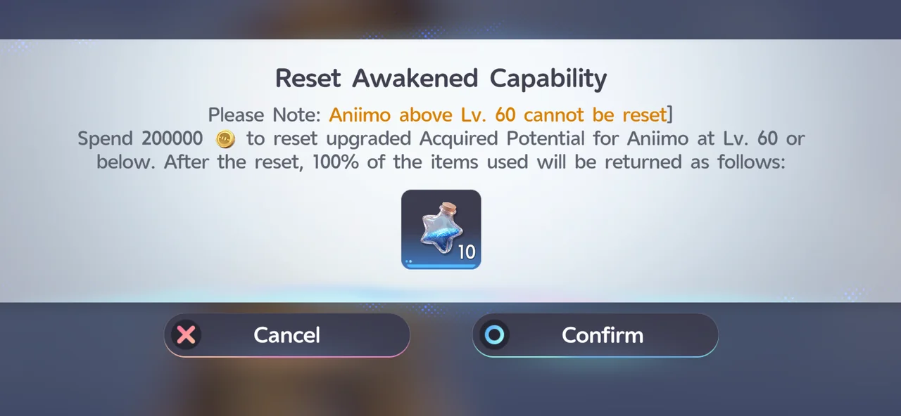 La boîte de dialogue Reset Awakened Capability indiquant la limite de niveau, le coût en crédits et le remboursement intégral des objets utilisés