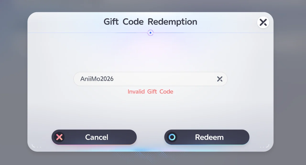 Gift Code Redemption視窗中輸入了大小寫錯誤的禮包碼，下方顯示Invalid Gift Code訊息