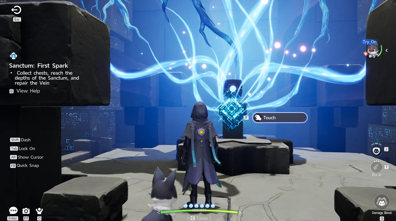 Tocando el teseracto en la parte más profunda de Santuario: First Spark para reparar la nervadura