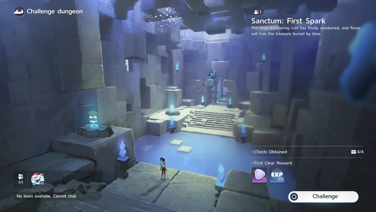 La pantalla del Challenge dungeon de Santuario: First Spark que muestra Chests Obtained 4 de 4