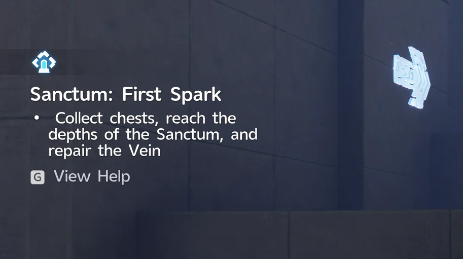 La pantalla de objetivo de Santuario: First Spark que muestra Collect chests, reach the depths of the Sanctum, and repair the Vein