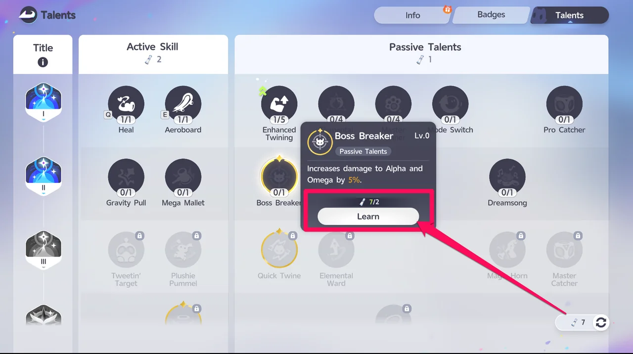 Der Bildschirm Talents mit dem Tooltip des passiven Talents Boss-Brecher, der die Lernkosten und die Schaltfläche Learn zeigt