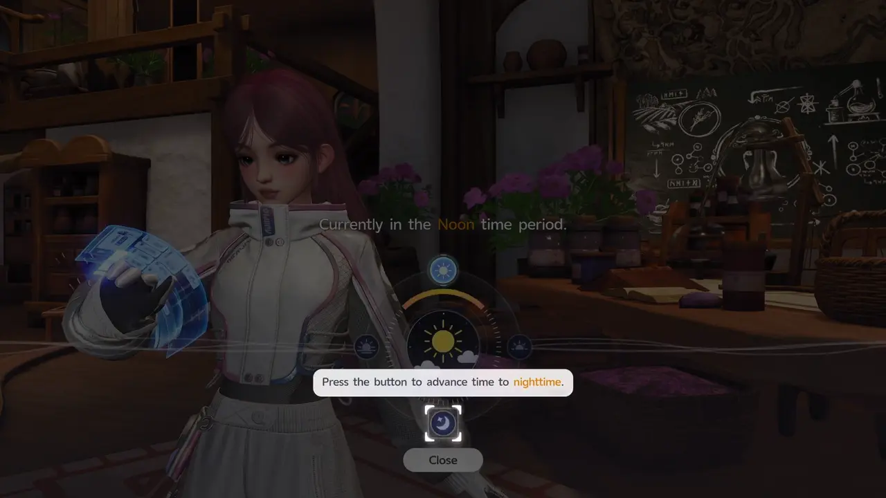 Der Tutorial-Bildschirm zum Day and Night Switch mit den Texten „Currently in the Noon time period." und „Press the button to advance time to nighttime."