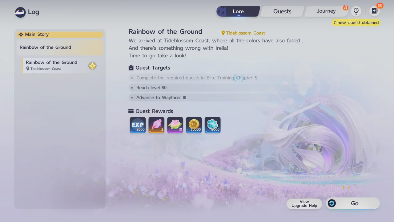 A lista de recompensas da missão da história principal Rainbow of the Ground, que inclui 50000 créditos
