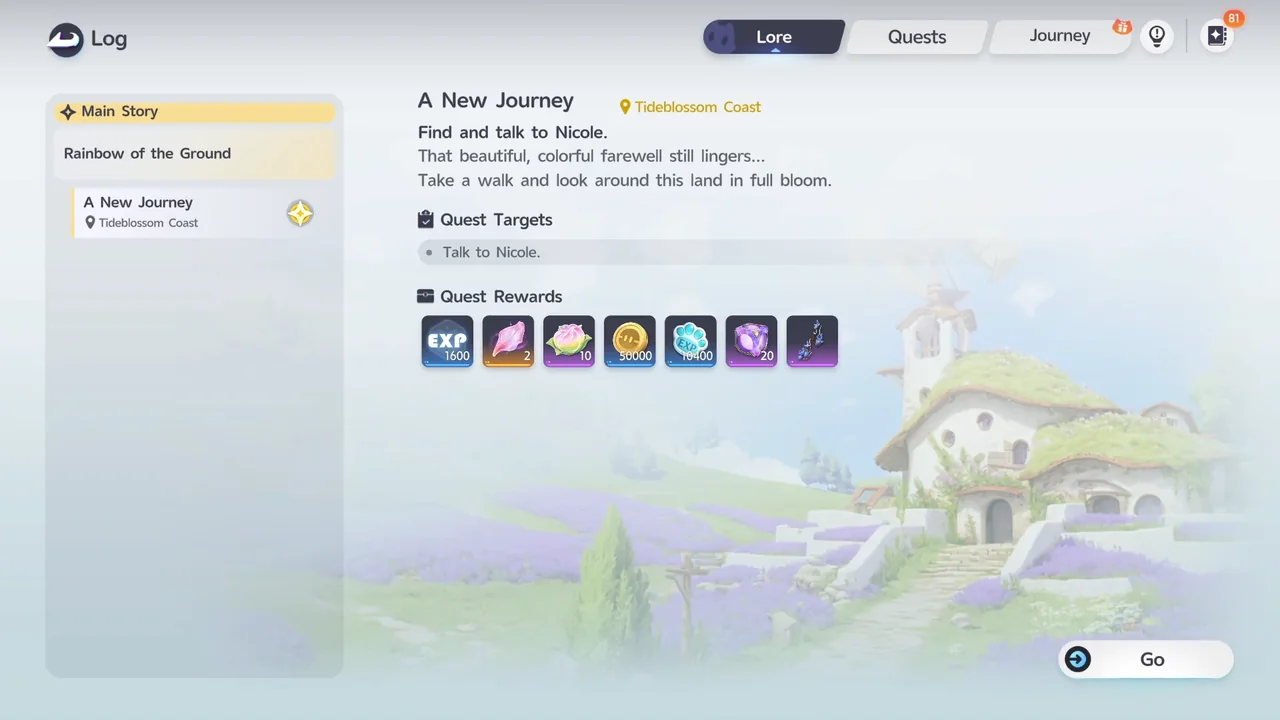 หน้าจอเควส A New Journey แสดงตำแหน่งและรางวัล