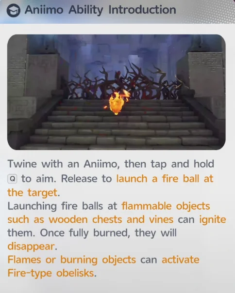 El panel Aniimo Ability Introduction para la habilidad de bola de fuego de Sparki, que explica cómo incendia objetos inflamables y activa los obeliscos de elemento Fuego