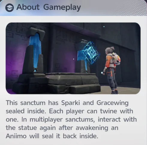 El panel About Gameplay que explica que Sparki y Gracewing están sellados dentro del santuario para que cada jugador pueda entrelazarse con ellos