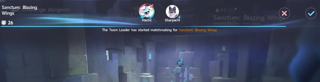 La pantalla de emparejamiento para Sanctum: Blazing Wings, que muestra a ambos jugadores y el botón de confirmación con la marca de verificación