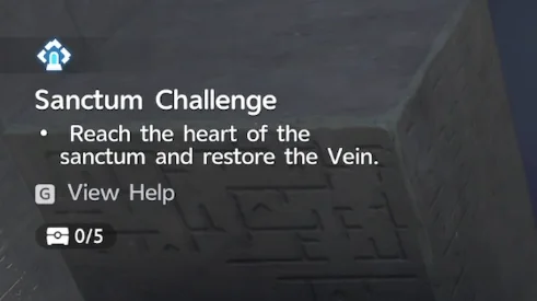 El panel Sanctum Challenge, que muestra el objetivo de llegar al corazón del santuario y restaurar la nervadura, con el contador de 5 cofres debajo