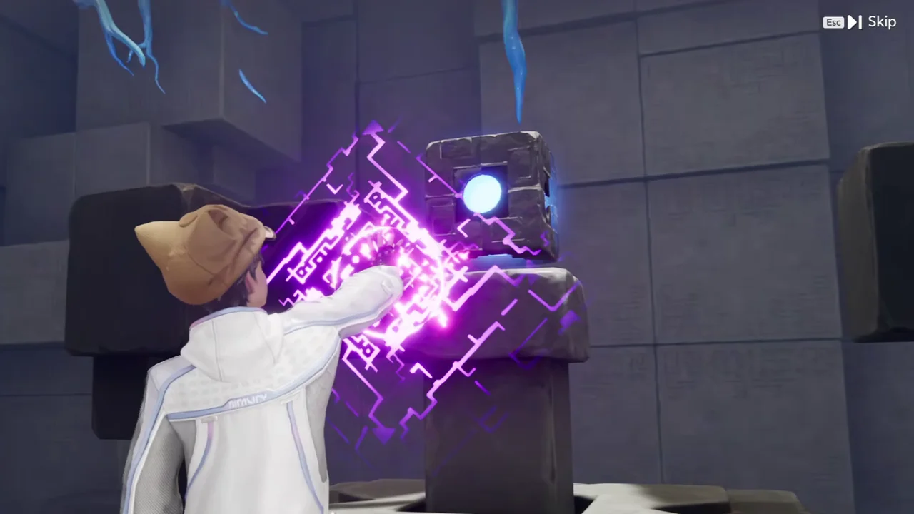 O jogador interagindo com o cubo brilhante no final de Sanctum: Burning Brambles