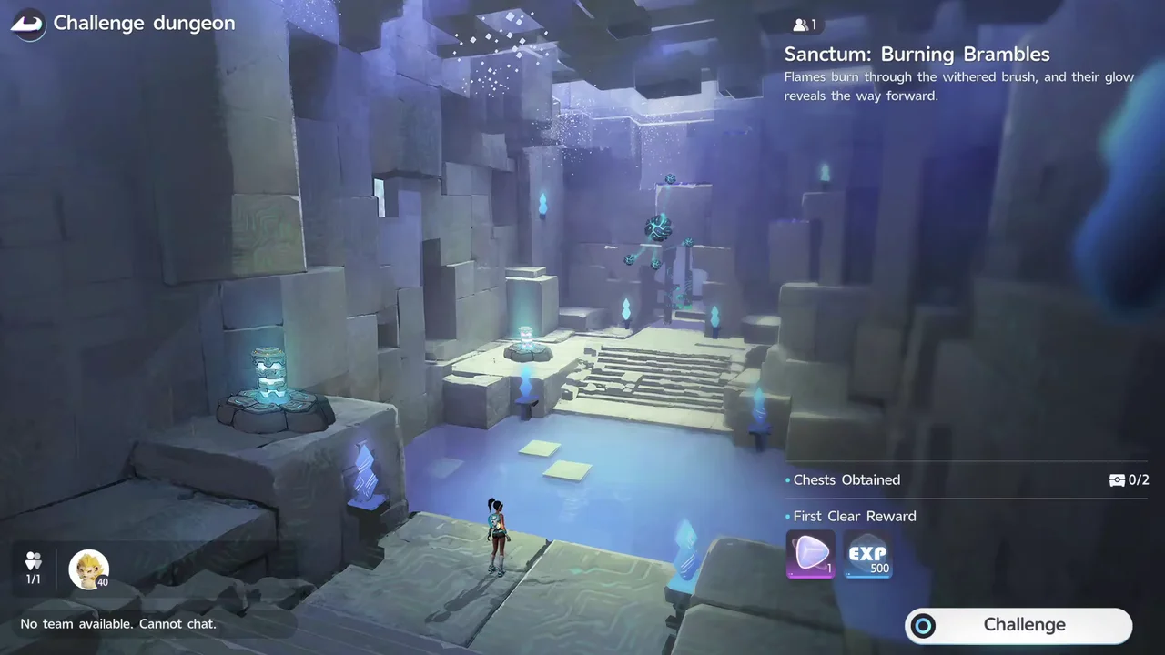 A tela da masmorra desafio de Sanctum: Burning Brambles, mostrando a recompensa da primeira conclusão de Âmbar lúmino x1 e 500 EXP