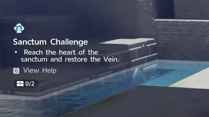 O painel Sanctum Challenge, mostrando o objetivo de chegar ao núcleo do Santuário e restaurar a artéria