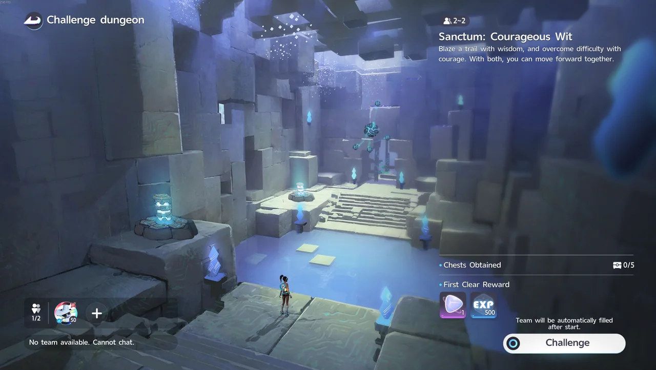Der Challenge-Dungeon-Bildschirm für Sanctum: Courageous Wit, der das Spieleranzahl-Abzeichen und die First Clear Reward von Lumin-Bernstein und EXP zeigt