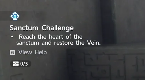 Das Sanctum-Challenge-Panel mit dem Text das Herz des Heiligtums erreichen und die Vene wiederherstellen, darunter der Truhen-Zähler