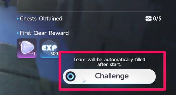 Die Challenge-Schaltfläche mit dem Hinweis darüber, dass das Team nach dem Start automatisch aufgefüllt wird
