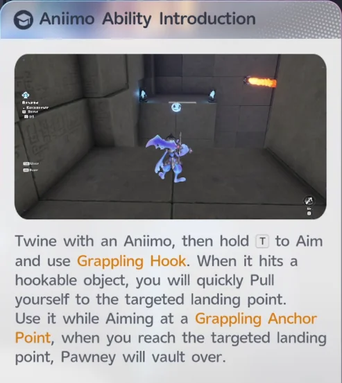 Die Aniimo-Ability-Introduction-Karte, die Rüstoms Greifhaken und den Grappling Anchor Point beschreibt