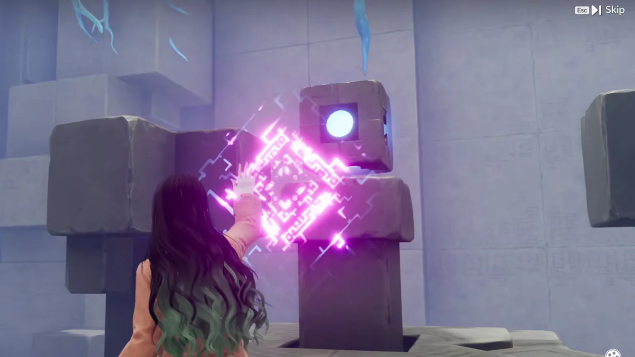 Interactuando con el cubo al final de Sanctum Challenge: Frigid Waters para reparar la nervadura