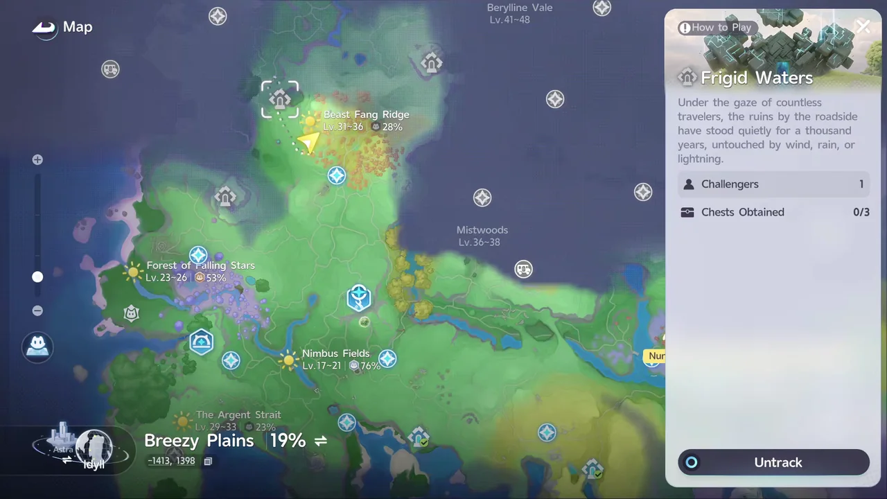 El mapa mostrando Sanctum Challenge: Frigid Waters marcado al noroeste de Cresta de Bestiacolmillo