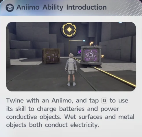 Das Aniimo-Ability-Introduction-Panel für Blitzelins Fähigkeit, das erklärt, wie sie Batterien auflädt und leitfähige Objekte mit Strom versorgt