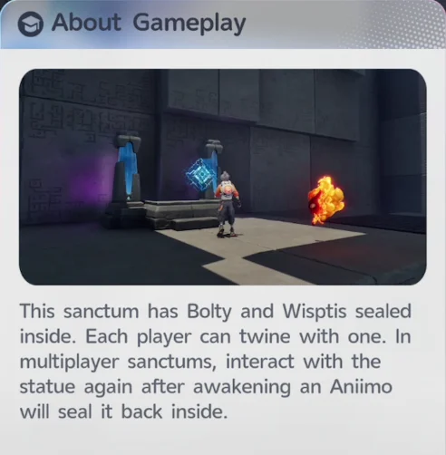 Das About-Gameplay-Panel, das erklärt, dass Blitzelin und Wesptis im Heiligtum eingesiegelt sind, damit sich jeder Spieler mit ihnen verschmelzen kann
