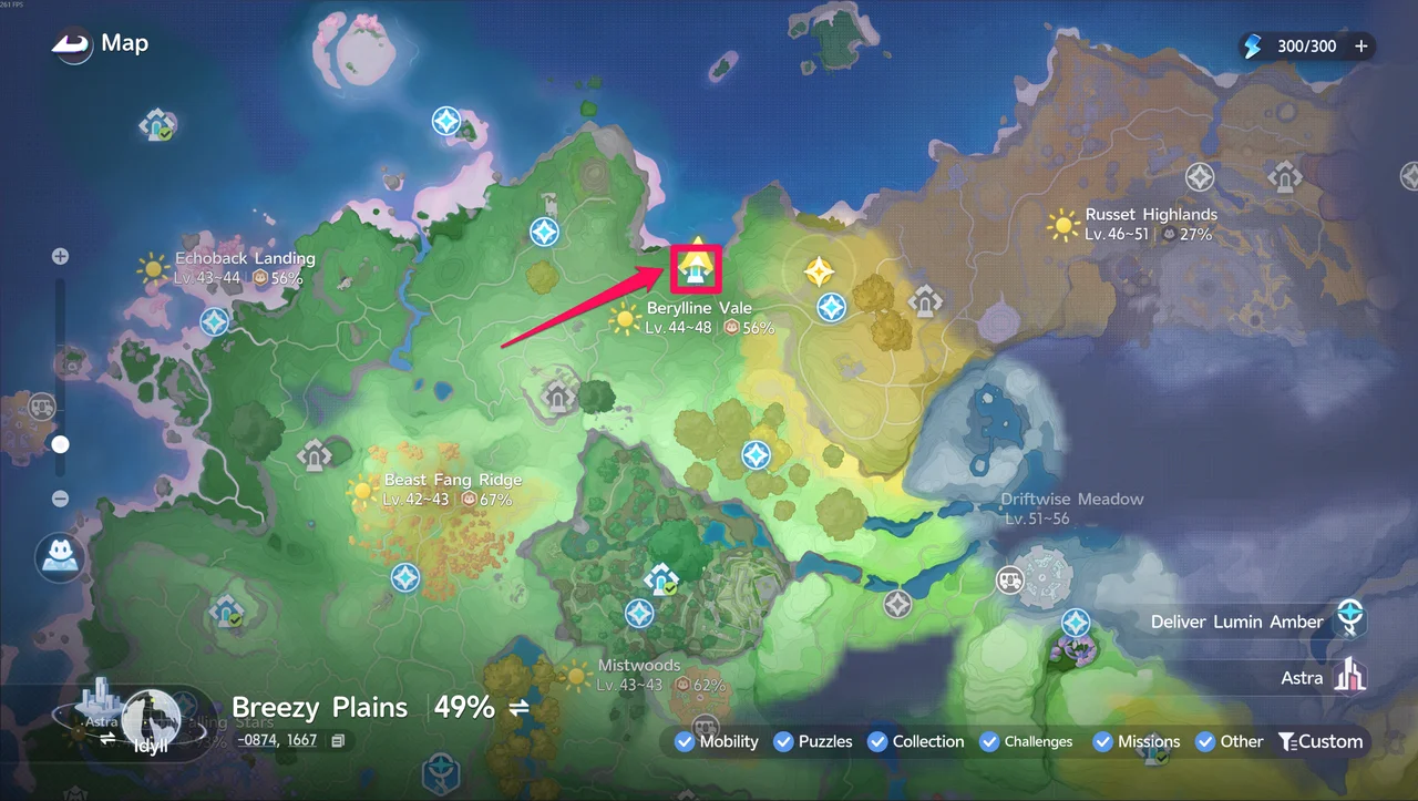 Die Weltkarte mit dem Gebiet Berylline Vale, auf der Sanctum: Lightning Gale im Norden markiert ist