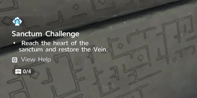 Das Sanctum-Challenge-Panel, das das Ziel zeigt, das Herz des Heiligtums zu erreichen und die Vene wiederherzustellen, mit dem 4-Truhen-Tracker darunter