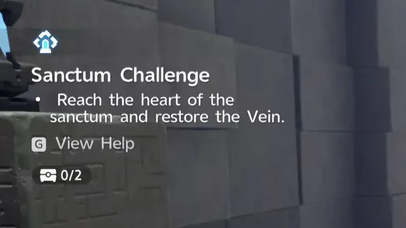 Das Sanctum-Challenge-Panel, das das Ziel zeigt, das Herz des Heiligtums zu erreichen und die Vene wiederherzustellen