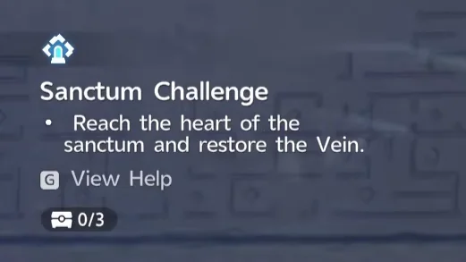 Das Sanctum-Challenge-Panel, das das Ziel zeigt, das Herz des Heiligtums zu erreichen und die Vene wiederherzustellen