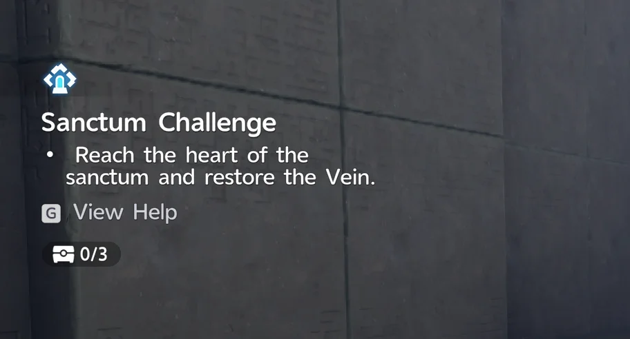 แผง Sanctum Challenge แสดงเป้าหมายในการไปถึงใจกลางปูชนียสถานและฟื้นฟูสายพลัง