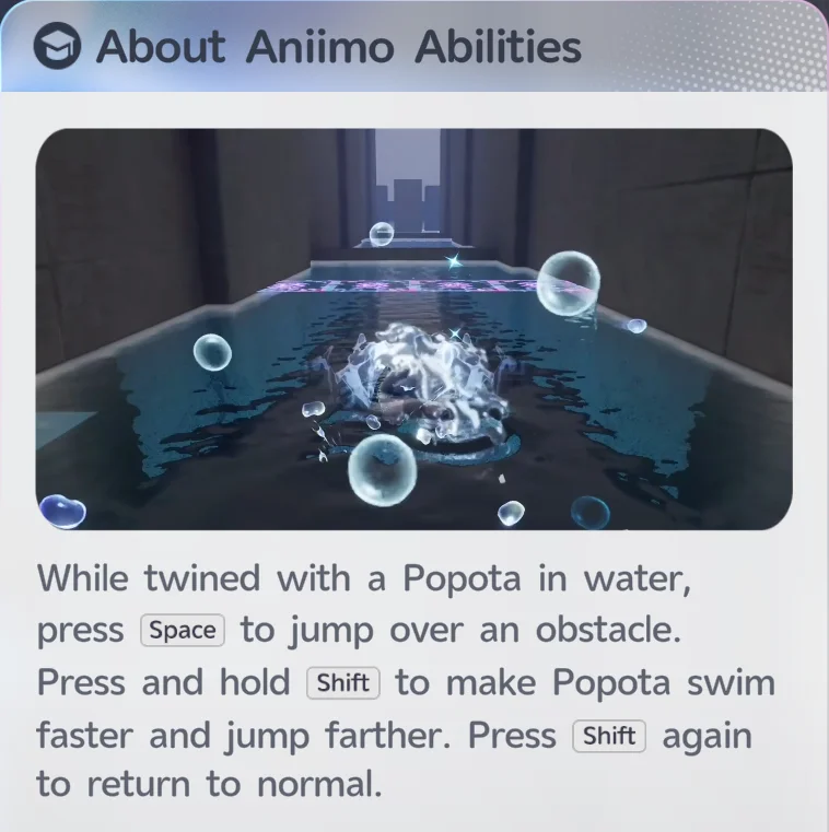 แผง About Aniimo Abilities อธิบายการควบคุมการผูกจิตของนากแอบรักสำหรับกระโดดข้ามสิ่งกีดขวางและว่ายน้ำเร็วขึ้น