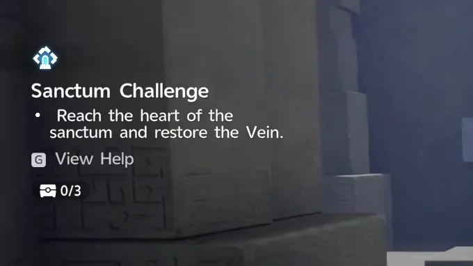 แผงหน้าปัด Sanctum Challenge ที่แสดงเป้าหมายในการไปถึงใจกลางปูชนียสถานและซ่อมแซมสายพลัง