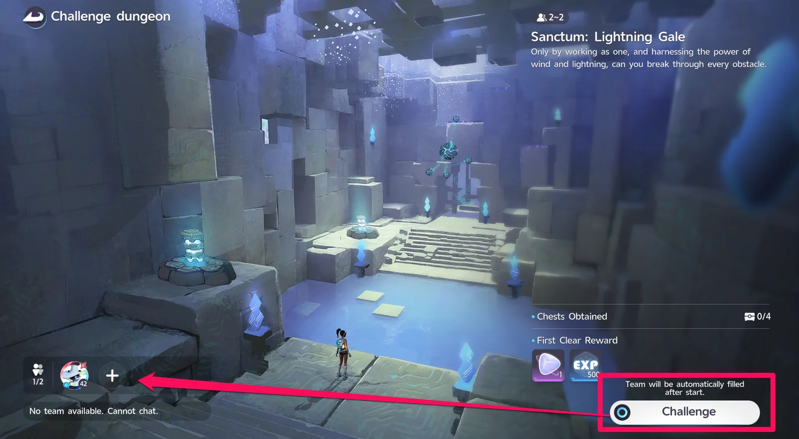 หน้าจอดันเจี้ยนท้าทายสำหรับ Sanctum: Lightning Gale แสดงจำนวนทีมที่ต้องการคือผู้เล่น 2 คน