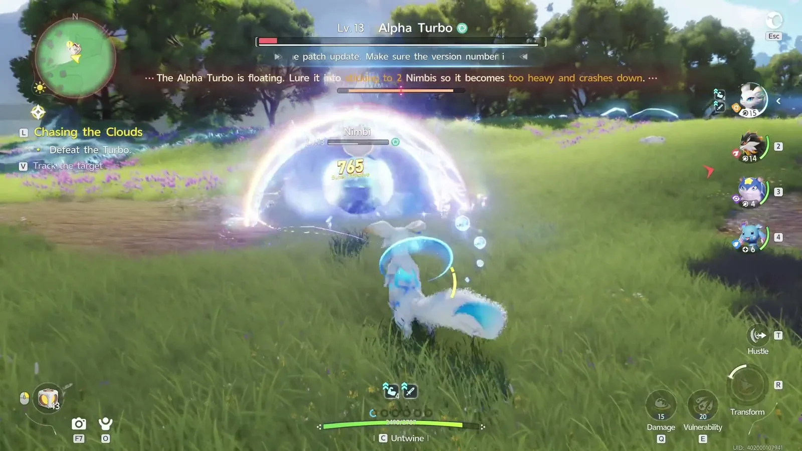 Le combat contre l'Turbulaine Alpha, montrant l'invite à l'attirer pour qu'il se colle à 2 Cumulaine