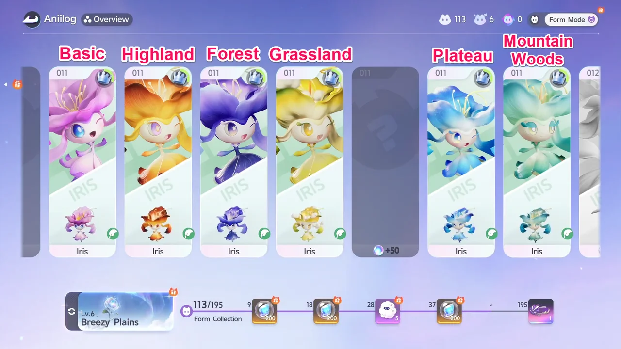 The Aniilog page for Iris, showing six registered regional forms and one unregistered slot