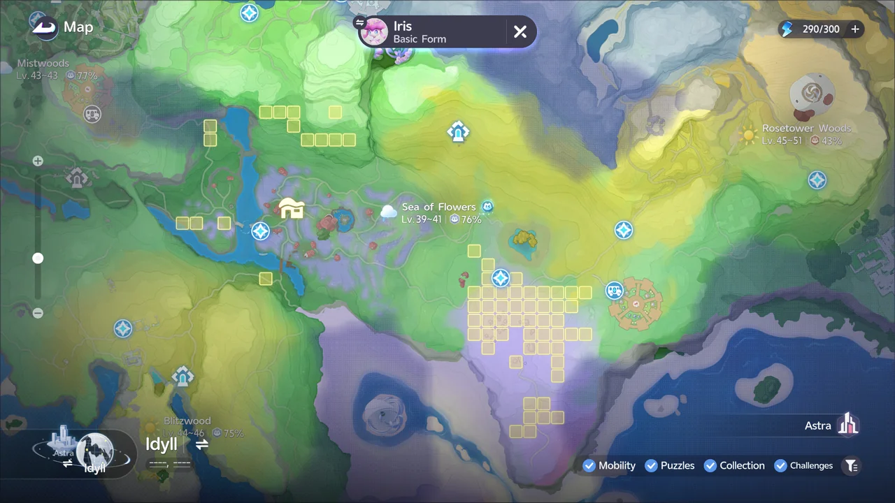 The map tracking Iris (Basic Form), with its spawn grids around the Sea of Flowers