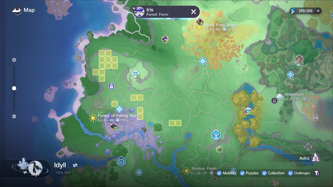 The map tracking Iris (Forest Form), with its spawn grids around the Forest of Falling Stars