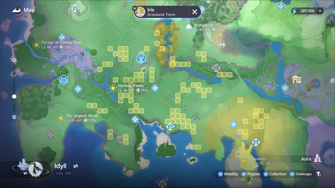 The map tracking Iris (Grassland Form), with its spawn grids across Nimbus Fields and nearby areas
