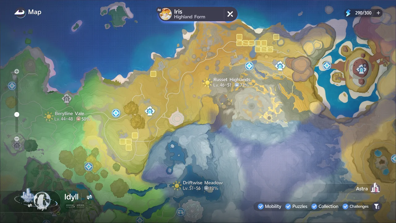 The map tracking Iris (Highland Form), with its spawn grids around the Russet Highlands