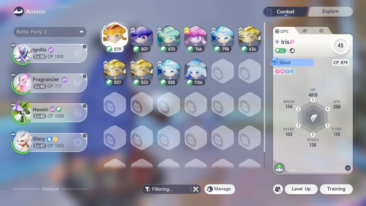 Several regional forms of Iris in Aniimo storage, with no Iris in the battle party
