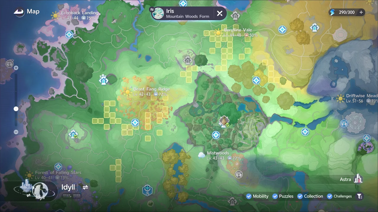 The map tracking Iris (Mountain Woods Form), with its spawn grids around Berylline Vale and Beast Fang Ridge
